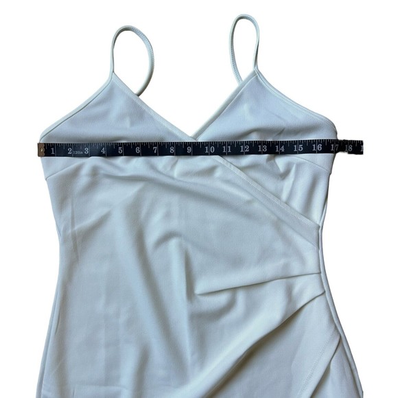 White Bodycon Dress Mini Surplice Spaghetti Strap Size L Large Asymmetrical Hem - Picture 5 of 12
